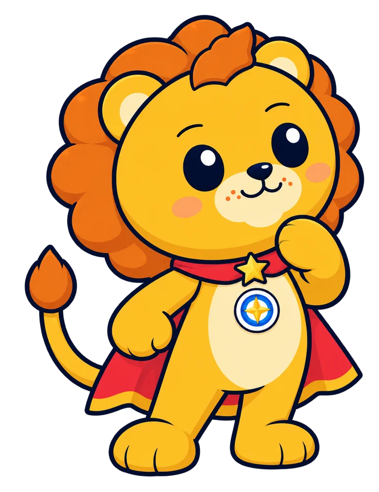 Nova, a golden lion cub in an explorer cape